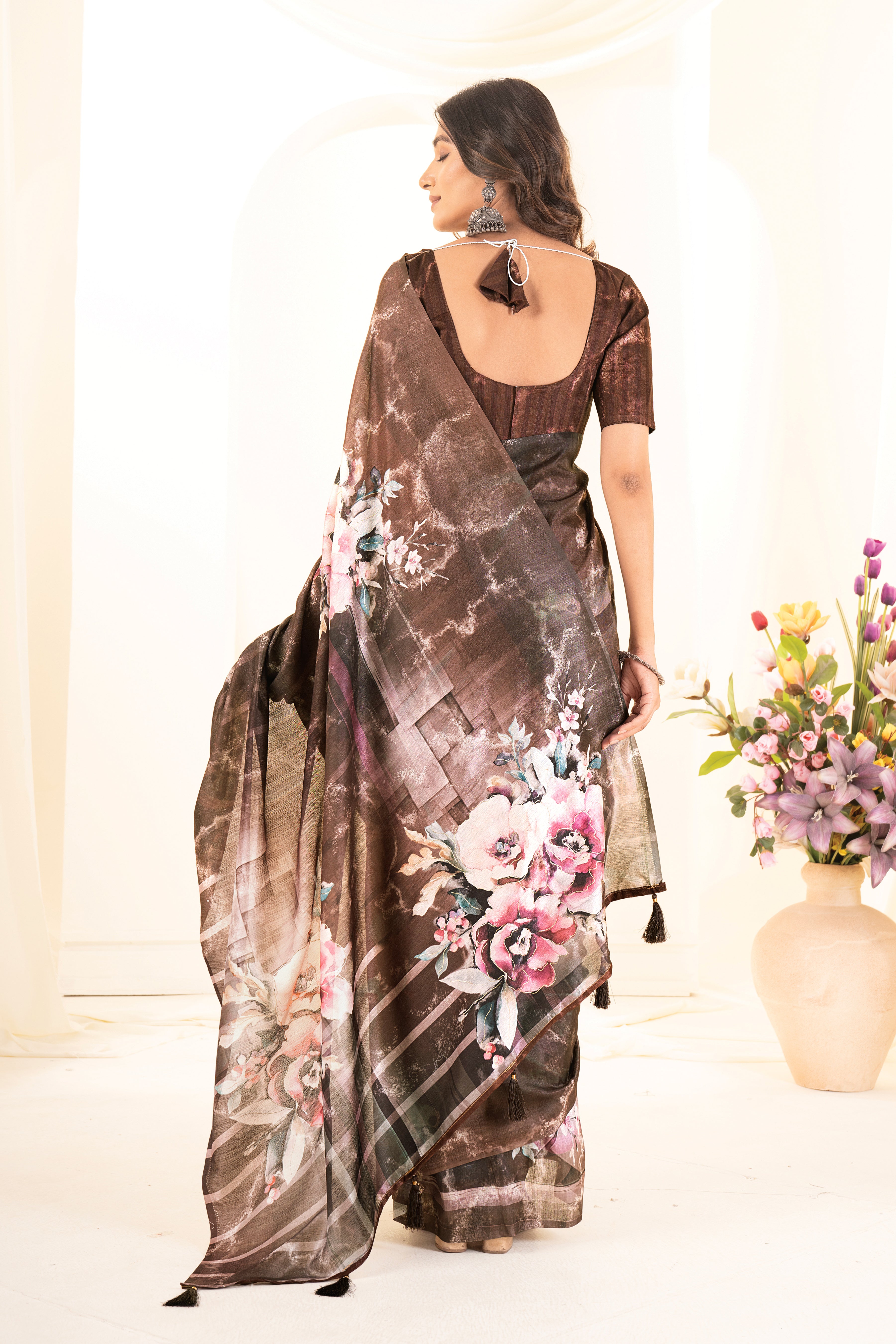 Coffee Tussar Silk Floral Saree